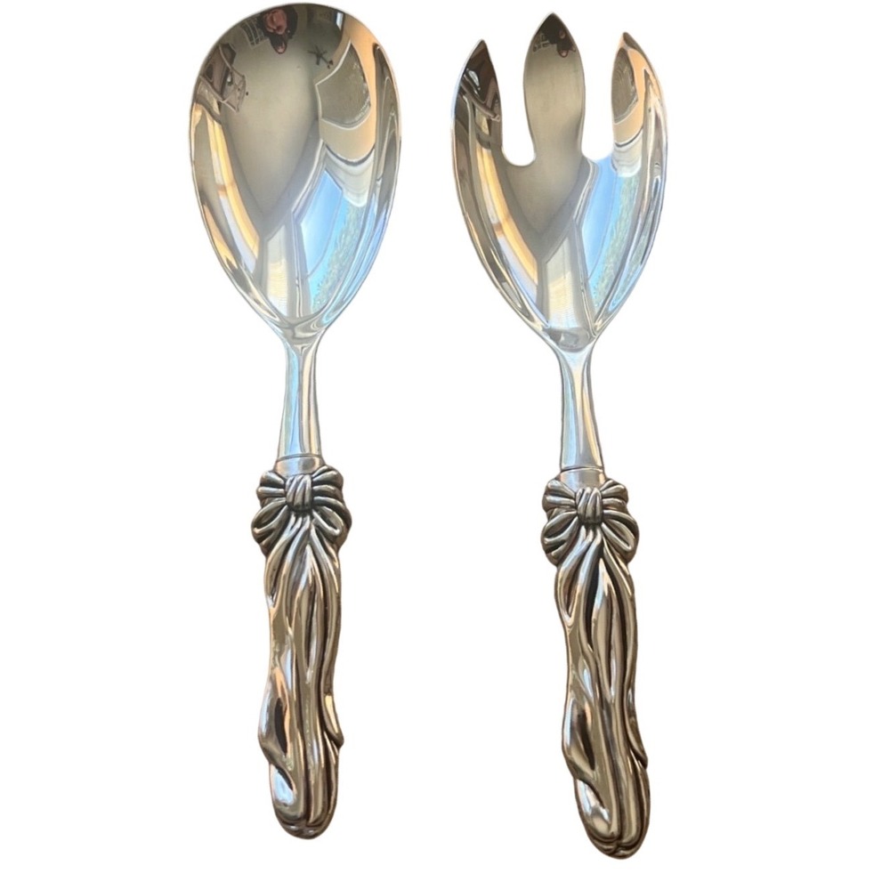 Vtg Silver Plated Salad Serving Set Ribbon Bow Handle Spoon and Fork 2 Piece